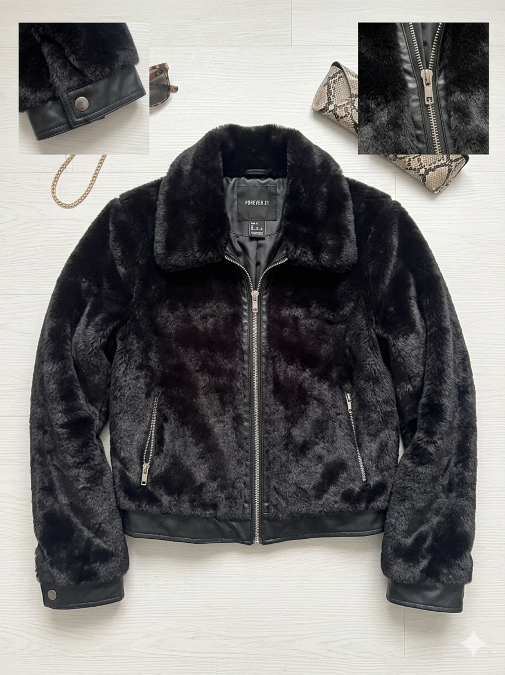 Forever 21 Black Faux Fur Zip-Up Jacket